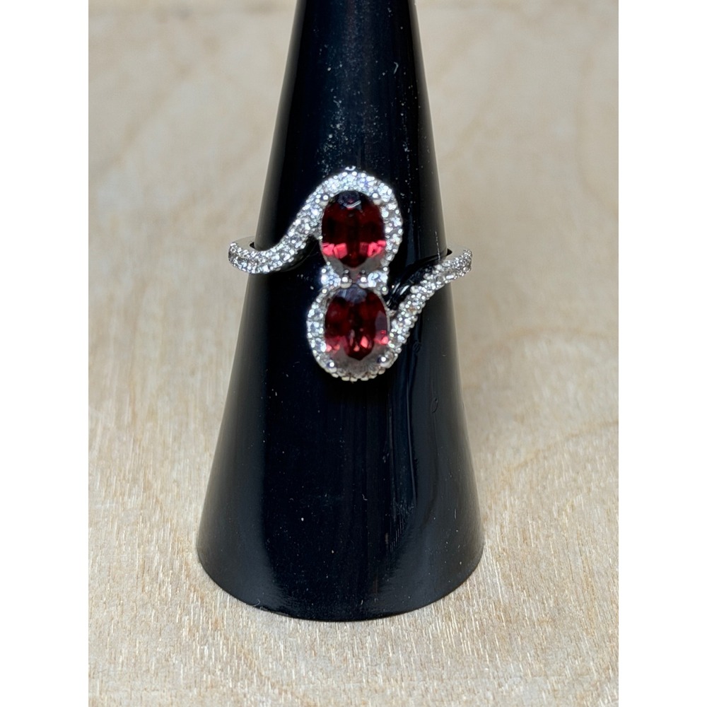 925 Sterling Silver Red Garnet Bypass Ring Size 6.25 Two Oval Stone Pave Accent